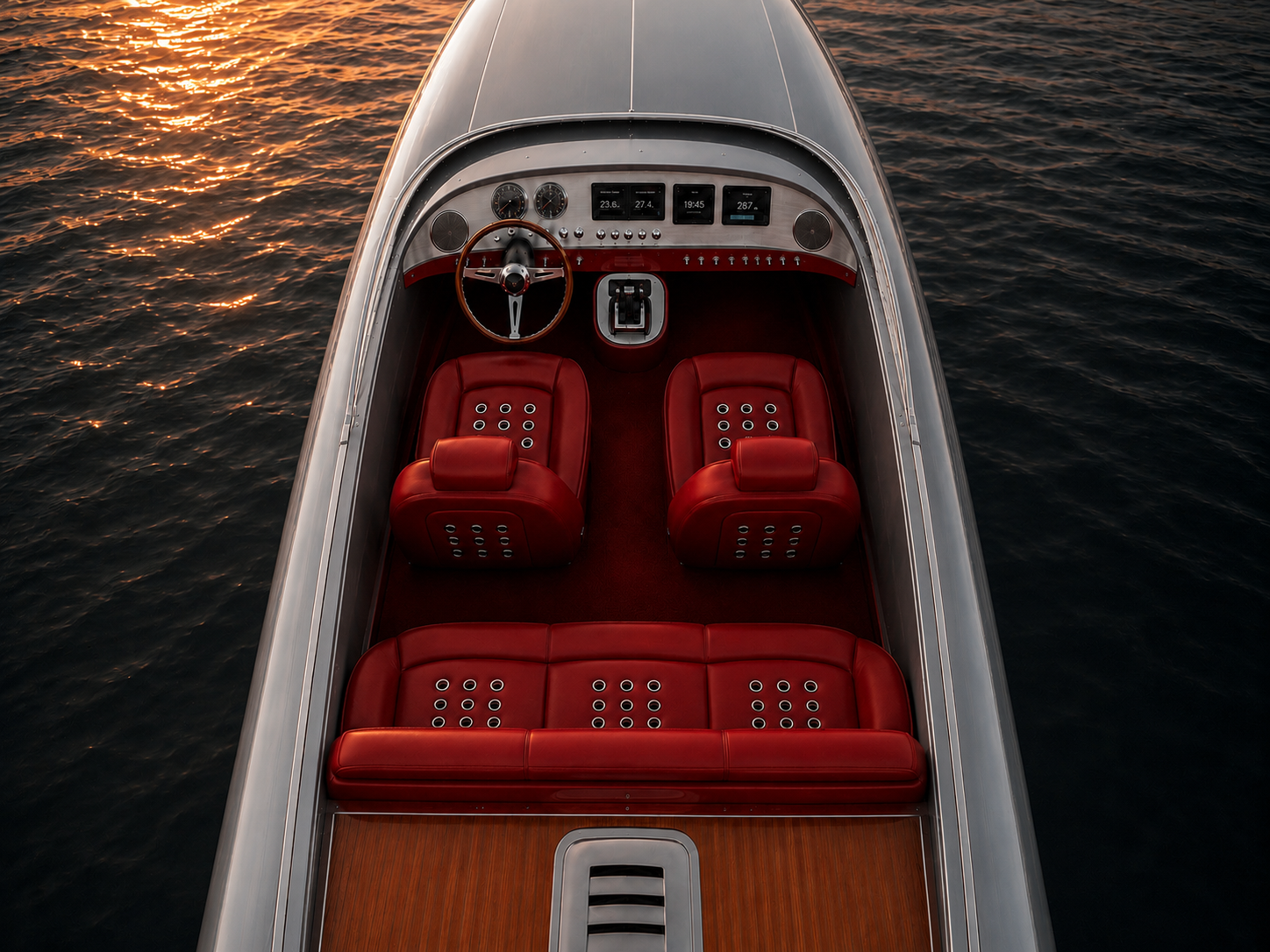 Vue aérienne du cockpit rouge du Lessinger hydrofoil argent