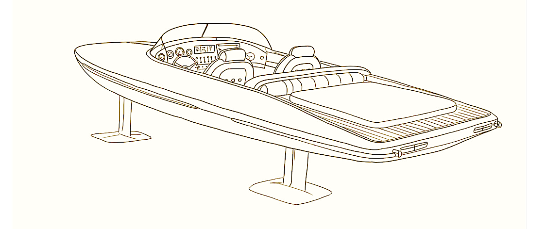 Croquis du Lessinger Foil 30 — vue arrière trois-quarts sur foils