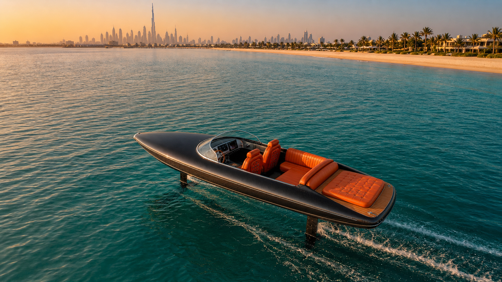 Vue aérienne du Lessinger Foil 30 noir carbone devant Dubaï