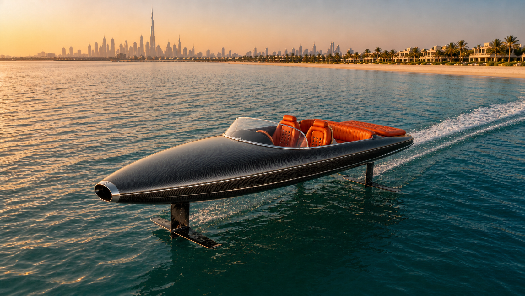 Vue trois-quarts du Lessinger Foil 30 noir carbone et intérieur orange à Dubaï